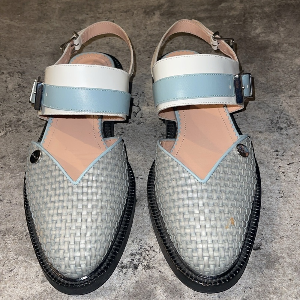 Woven Pointed Toe Slingback Flats in Light Blue & White